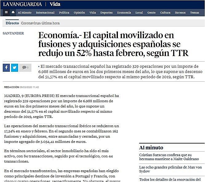 El capital movilizado en fusiones y adquisiciones espaolas se redujo un 52% hasta febrero, segn TTR